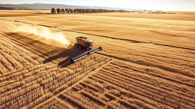 Foto de un campo de trigo que se cosecha con equipos pesados IA generativa