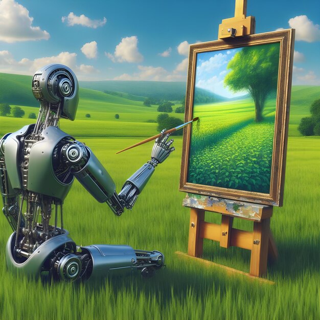 Una foto de un campo verde donde un robot humanoide de metal está pintando una pintura al óleo en un lienzo