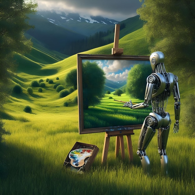 Una foto de un campo verde donde un robot humanoide de metal está pintando una pintura al óleo en un lienzo