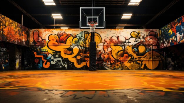 Una foto de una cancha de baloncesto con un vibrante telón de fondo de graffiti iluminación de la hora de oro