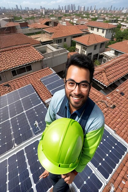 Foto foto candid de um consultor de energia solar em um telhado instalando painéis solares ai_generated