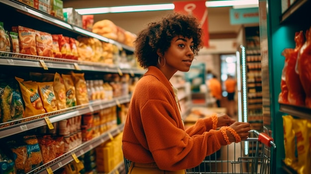 Foto candid de uma mulher afro-americana comprando produtos embalados na mercearia com um carrinho de compras IA geradora