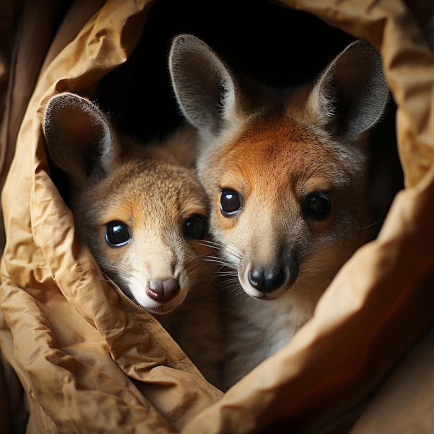 Foto de un canguro bebé asomándose de la bolsa de su madre IA generativa