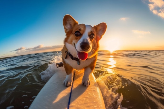 Foto cão engraçado montando uma prancha de surf nas ondas do oceano férias de verão fotografia conceitual