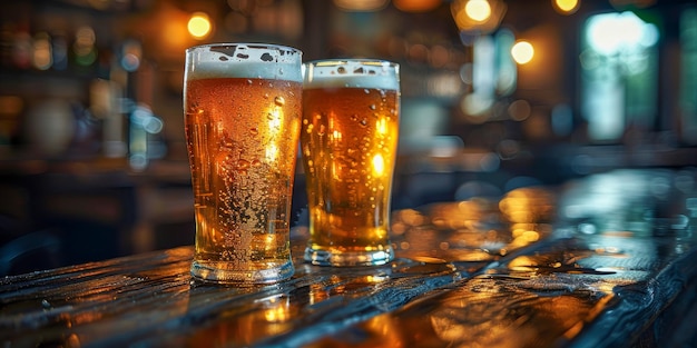 Esta foto captura una acogedora escena de taberna con dos vasos de cerveza colocados en la parte superior de un mostrador de madera