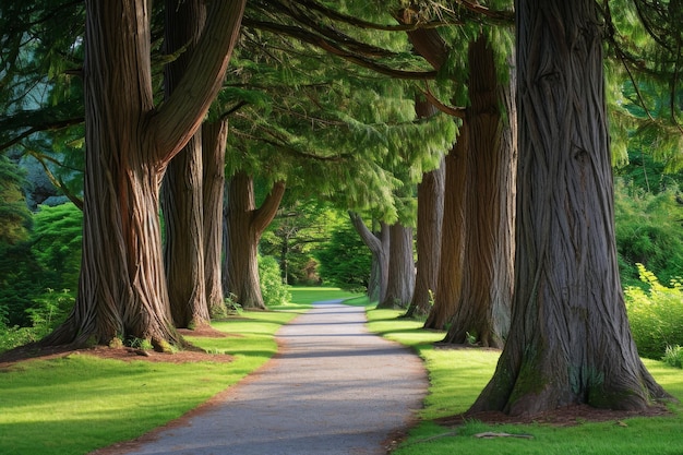 Esta foto captura un camino bordeado de árboles en el centro de un parque que proporciona una pasarela sombreada para los visitantes Un camino sinuoso flanqueado por altos árboles de cedro en un parque Generado por IA