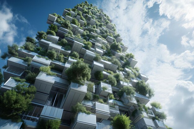 Foto esta foto captura un edificio muy alto cubierto por una profusión de plantas que crean una fachada verde rascacielos futuristas hechos enteramente de materiales reciclados ai generado