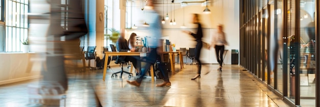 Esta foto captura un espacio de oficina moderno con varias figuras borrosas de profesionales de negocios haciendo su trabajo. La imagen transmite una sensación de movimiento y actividad dentro del lugar de trabajo.