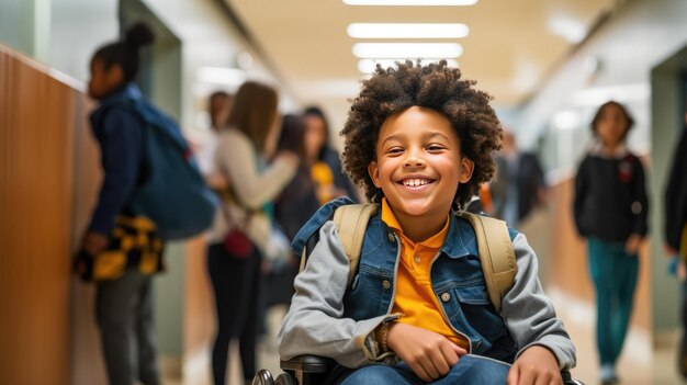 La foto captura el espíritu de un estudiante afroamericano de escuela primaria con discapacidad que brilla de alegría mientras está sentado en una silla de ruedas en el pasillo de una escuela.