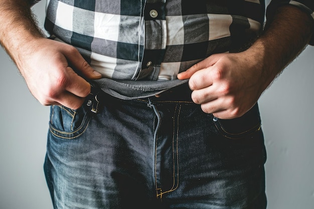 Esta foto captura a un hombre con confianza sosteniendo sus vaqueros mientras usa una camisa a cuadros que muestra un aspecto casual y elegante Un hombre alcanzando con éxito su objetivo de pérdida de peso Generado por IA