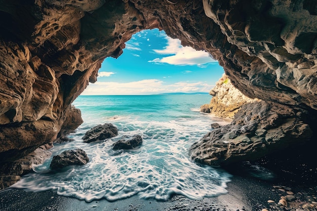 Esta foto captura la impresionante vista del océano como se ve desde las profundidades de una majestuosa cueva costera.