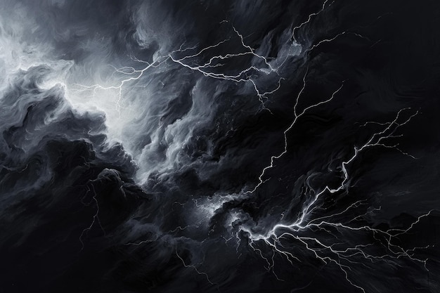 Esta foto captura la intensidad de una tormenta que se forma en el cielo con tonos dramáticos y contrastados de blanco y negro relámpagos nítidos que se rompen a través de un cielo de tinta negra AI generado