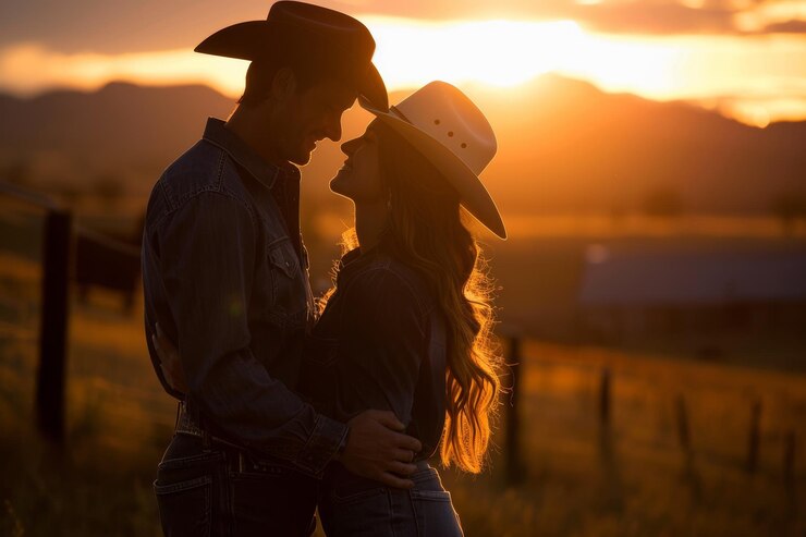 Foto foto capturando a cena idílica de um jovem casal ocidental apaixonado abraçado em uma fazenda serena