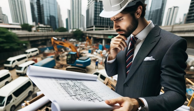 Foto capturando um arquiteto vestindo um capacete de segurança enquanto ele escruta atentamente planos detalhados de construção