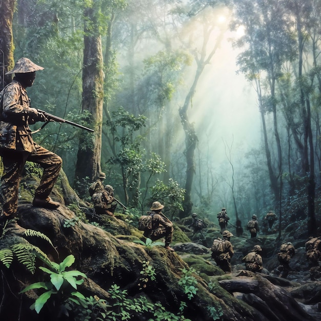 foto de una caravana de cazadores en grupo en un bosque oscuro generativo de IA