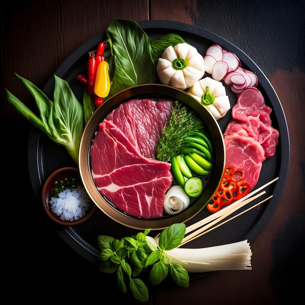 foto de carne cruda y vegetales frescos para hot pot shabu menu fotografía de alimentos
