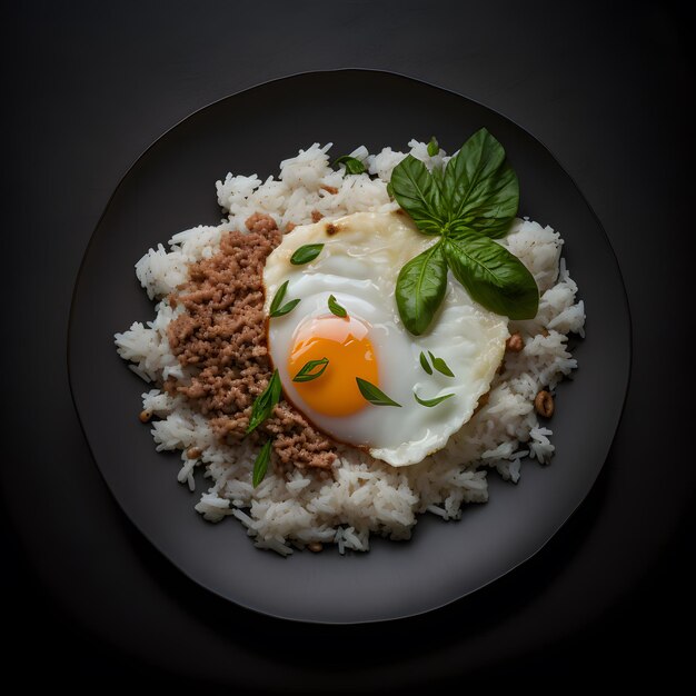 foto carne de porco picada com manjericão com arroz e ovo frito fotografia de comida