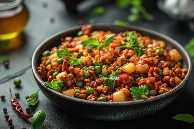 foto de carne picada de Keema cocida con guisantes o patatas