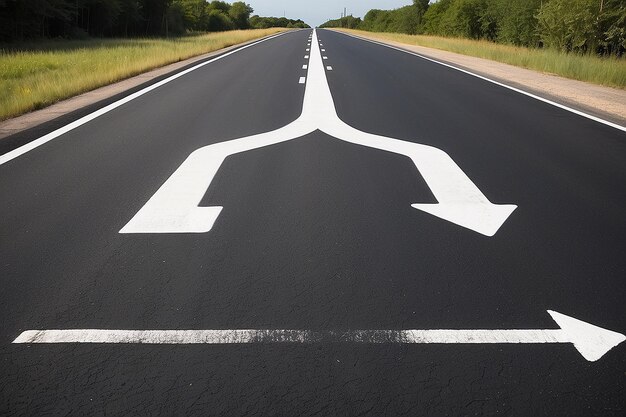 Foto de carretera con una flecha blanca en el asfalto