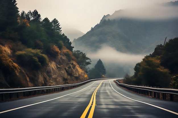 Foto de la carretera de montaña brumosa