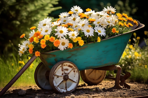 Foto de una carretilla antigua llena de margaritas Jardín de flores