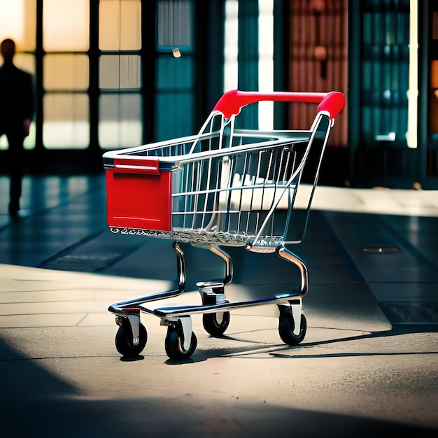 Foto Un carrito de compras rojo está en un cuarto oscuro con un hombre caminando