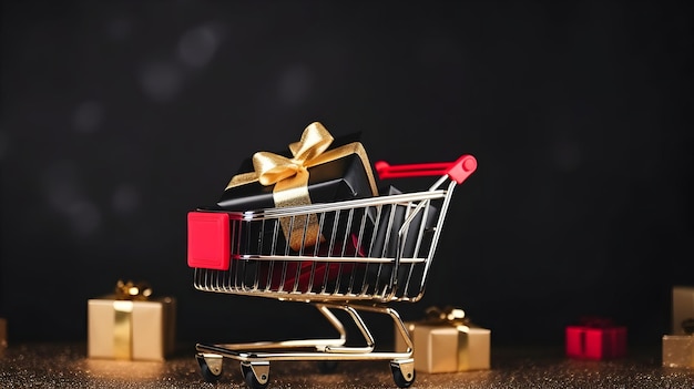 Foto carrito de supermercado lleno de regalos para la Feliz Navidad con fondo negro