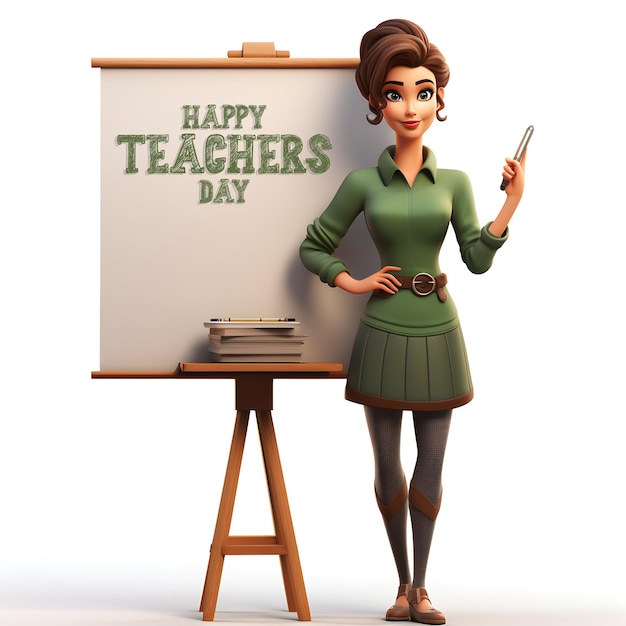 Foto foto de cartel o pancarta del feliz día del maestro con un personaje de maestro 3d en el aula generado por ai
