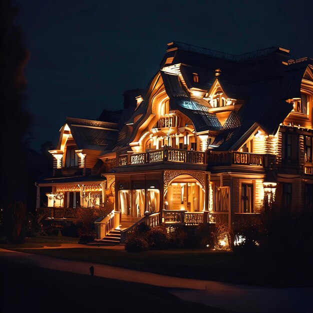 Foto de una casa bellamente iluminada por la noche