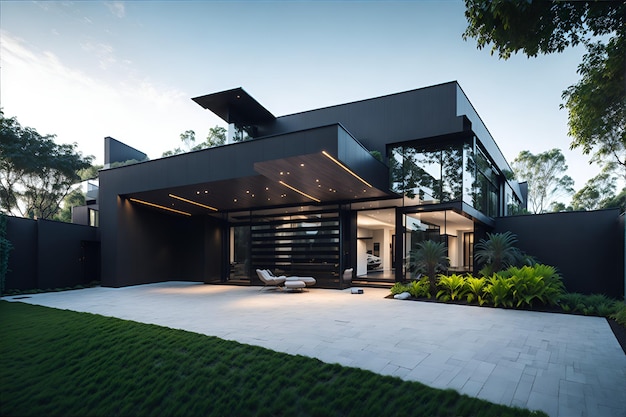 Foto de una casa contemporánea con un amplio patio y un exuberante césped verde