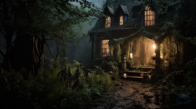 Una foto de una casa embrujada con un jardín cubierto de vegetación