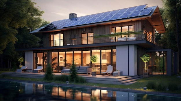 Una foto de una casa inteligente alimentada por energía solar con características de eficiencia energética