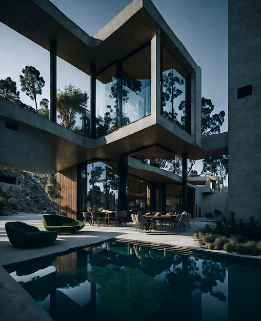 Foto de una casa de lujo moderna con una impresionante piscina en el frente