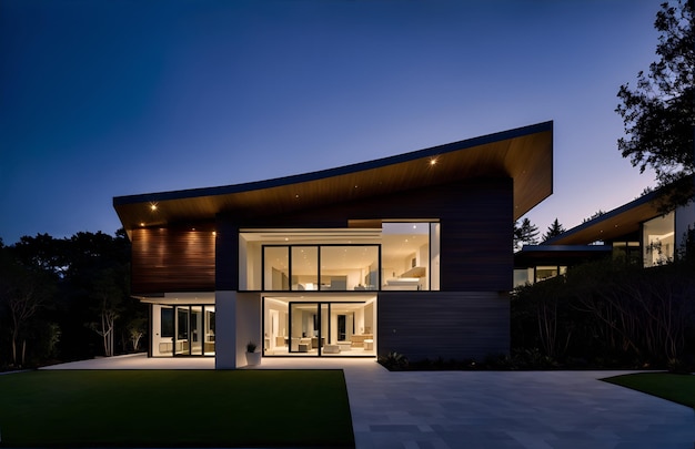 Foto de una casa moderna con techo curvo iluminada por la noche.