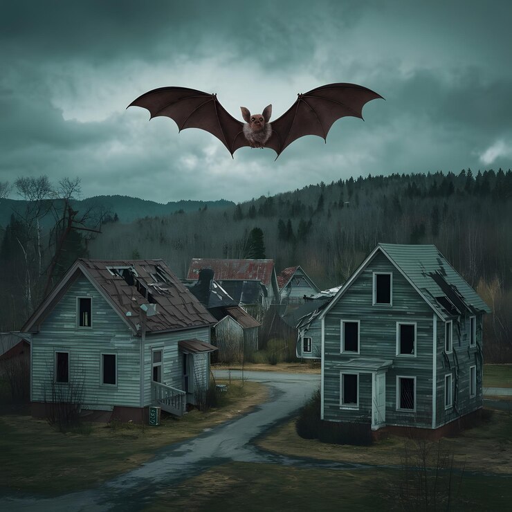 una foto de una casa con un murciélago en ella