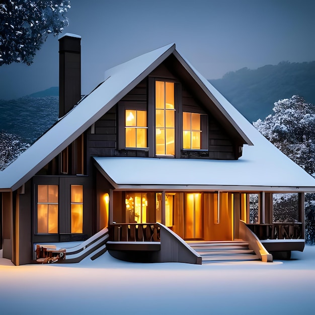 Foto Casa En La Nieve Con Iluminación Romántica Paisaje Invernal Representación 3d 7