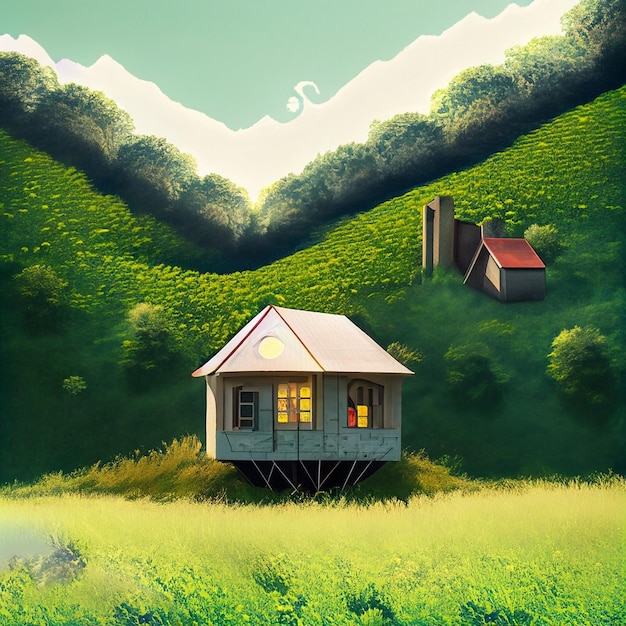 Foto casa sentada en medio de un exuberante campo verde generativo ai