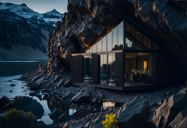 Foto foto de una casa singular construida en el paisaje natural de una montaña