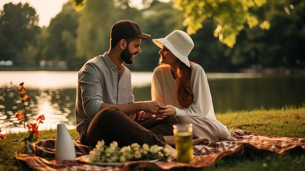 Foto casal romântico islâmico fazendo um piquenique