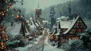 Foto foto de casas de madera medieval y una vieja torre en bad wimpfen, alemania, tomada en invierno