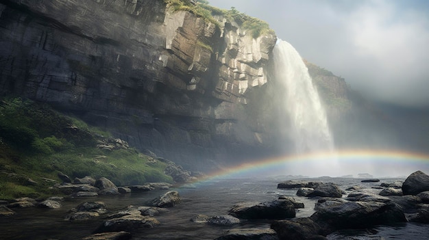 Una foto de una cascada con un arco iris en la niebla.