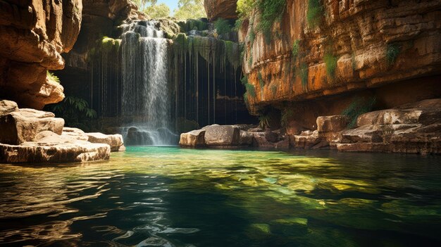 Una foto de una cascada cristalina de acantilados rocosos