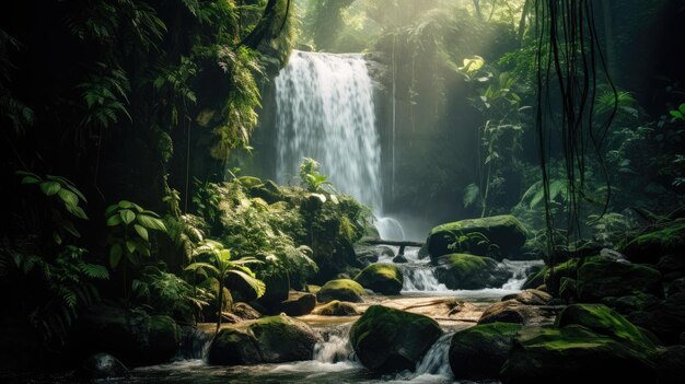 Una foto de una cascada en una jungla brumosa manchada de luz solar