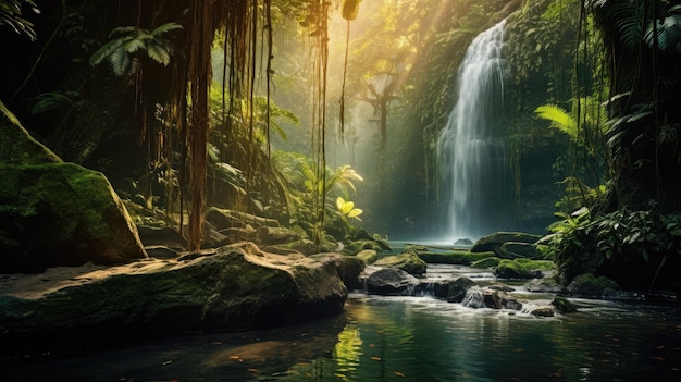 Una foto de una cascada en una jungla brumosa manchada de luz solar