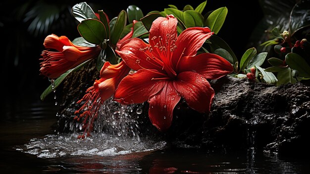 Foto de una cascada en la selva con una flor roja