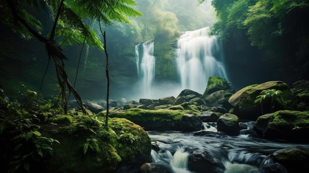 Una foto de una cascada con una vegetación exuberante y una poderosa niebla