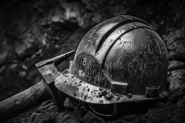 Foto casco y pico conmemorando la muerte de los mineros foto en blanco y negro