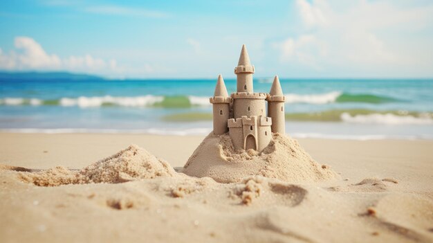 Foto una foto de un castillo de arena beige en la playa