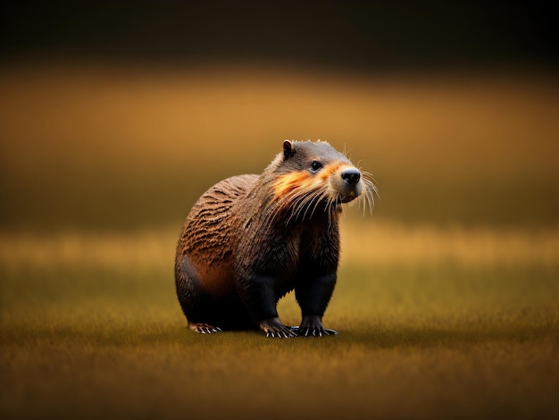 Foto foto de un castor con una cámara dslr de pie en el suelo