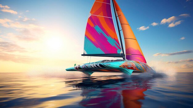 Una foto de un catamarán de carreras de alta velocidad con color